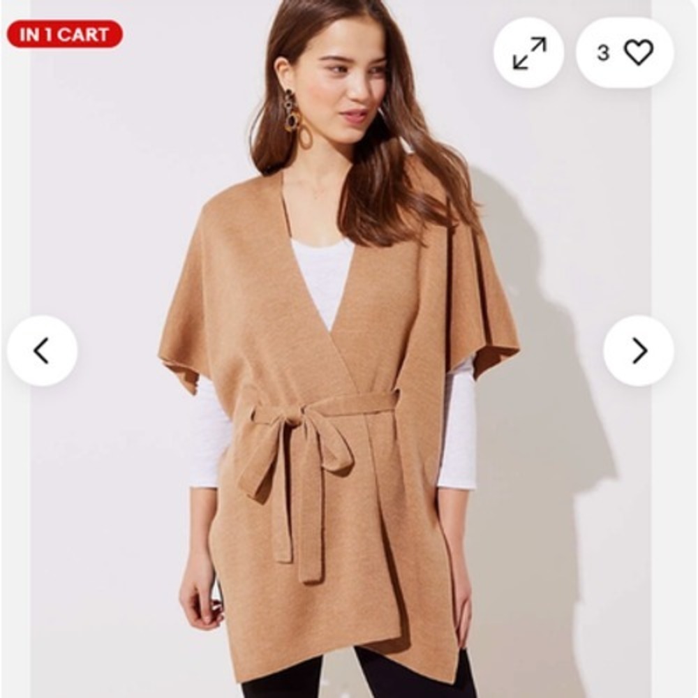 LOFT Sweater Womens M/L Beige Knit Belted Open Front Short Sleeve Cardigan Camel